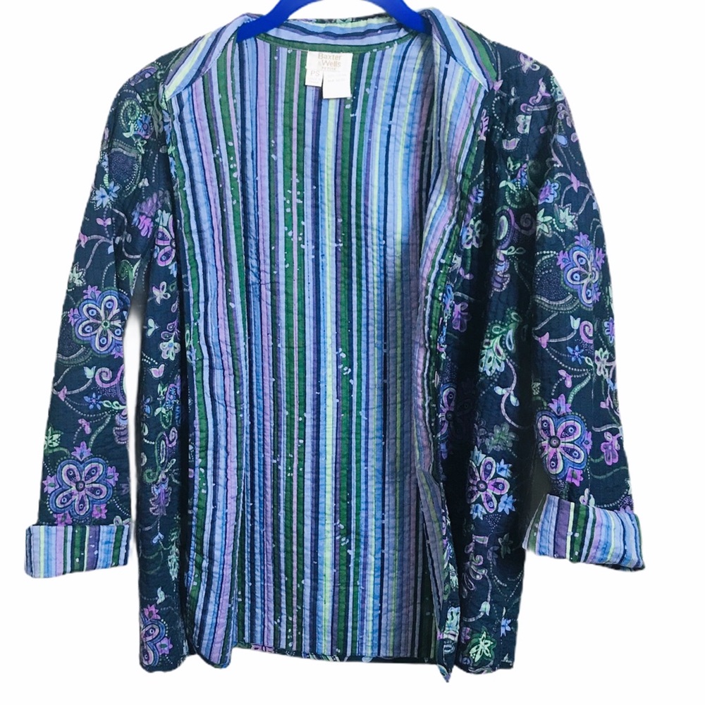 Vintage Baxter & Wells Quilted Floral Stripe Open Front Jacket Sz Small Petite